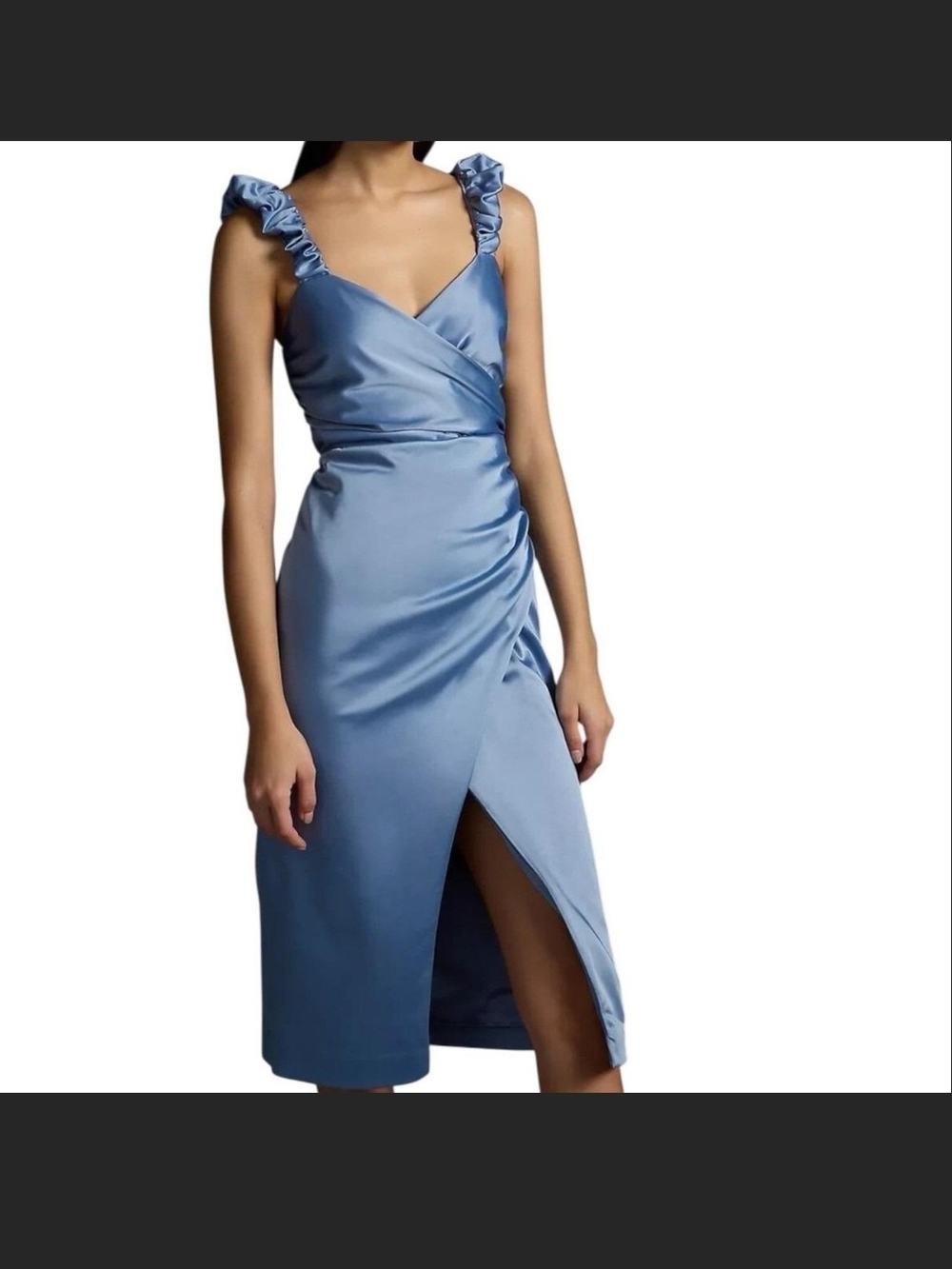 Zara Light Blue Satin Midi Dress with Ruffle Straps